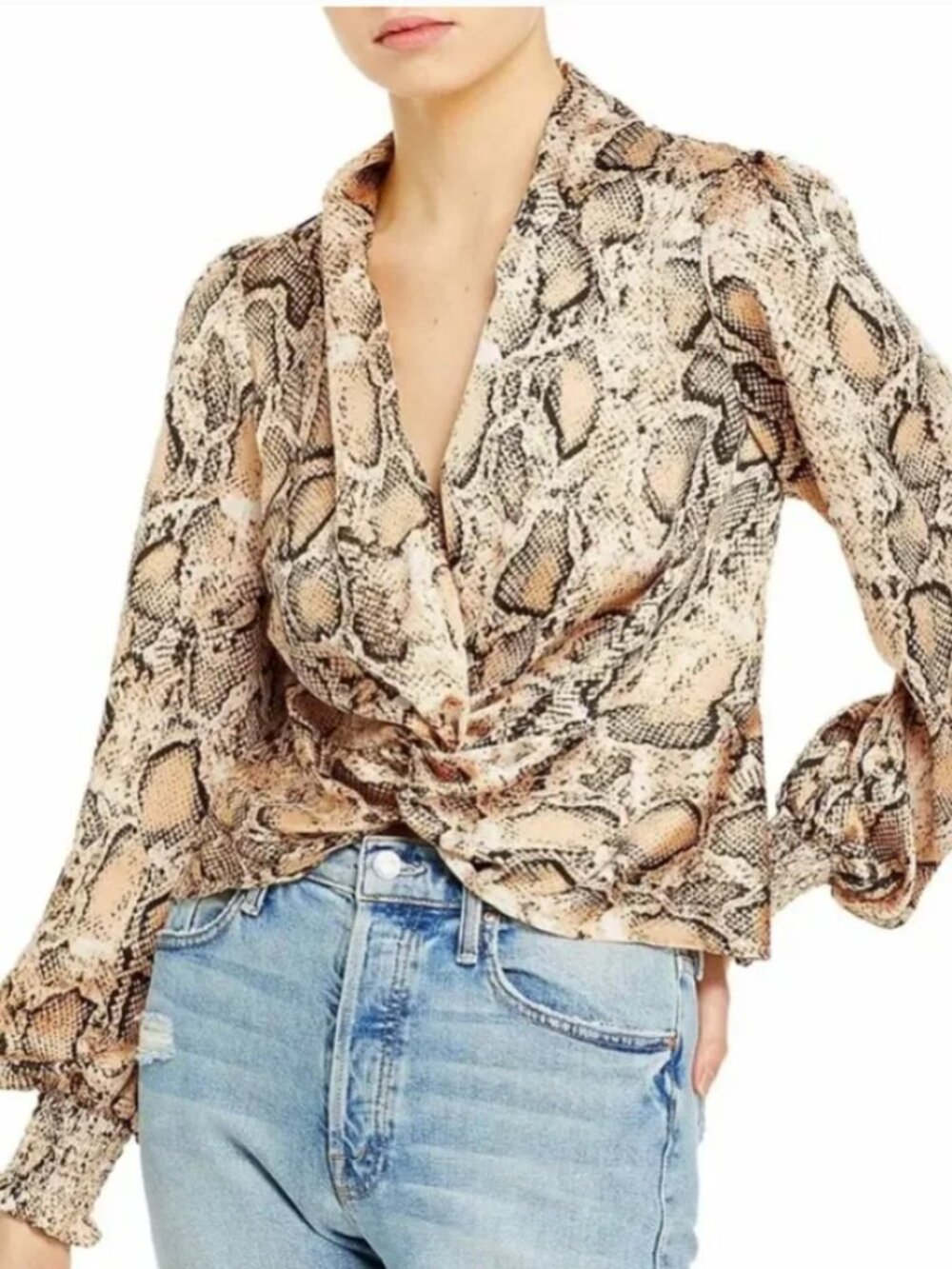 Aqua Brown Snakeskin Print Button Down Blouse XS